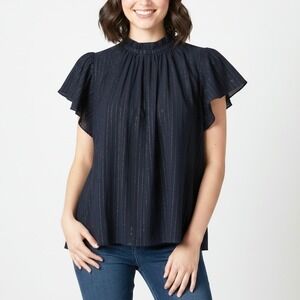 Trovata Birds of Paradis Carla Metallic Navy Stripe High Neck Top Size Small
